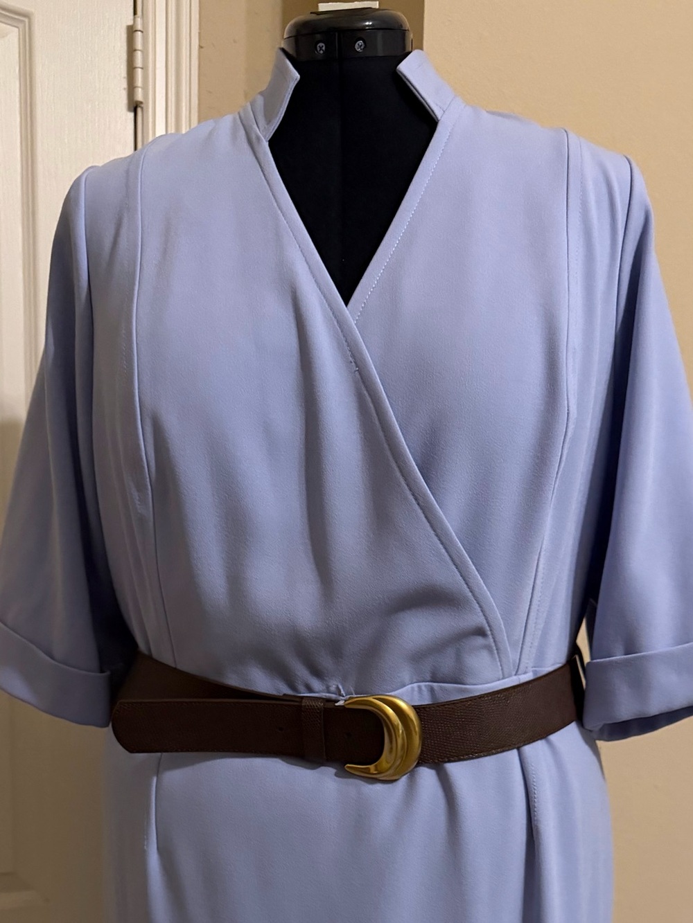 Donna Karan Light Blue Dress with Brown Belt and Gold Buckle